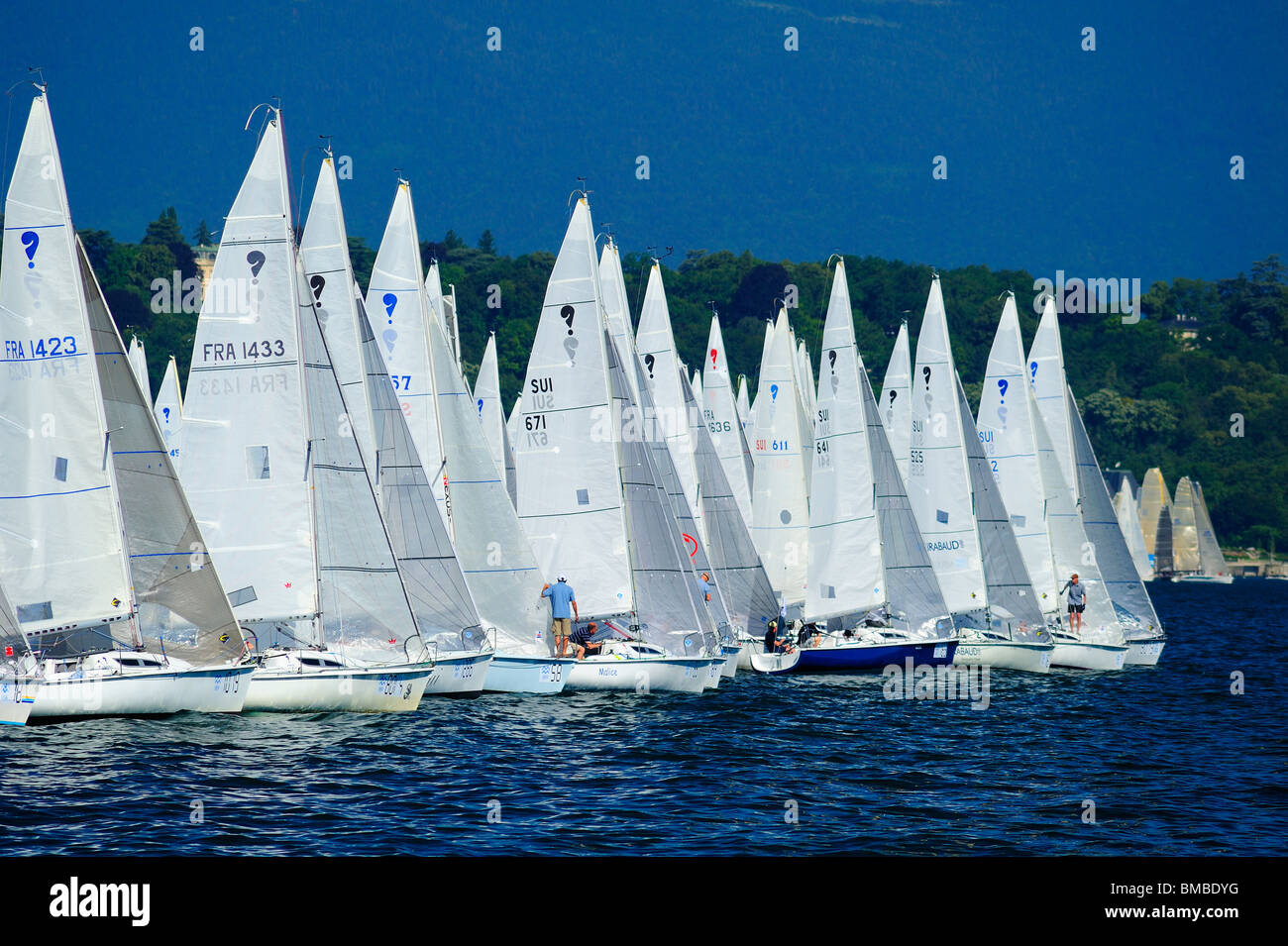 The start of the Bol d'Or yacht race on lac Leman (Lake Geneva) 2009. Space for text in the sky. Stock Photo