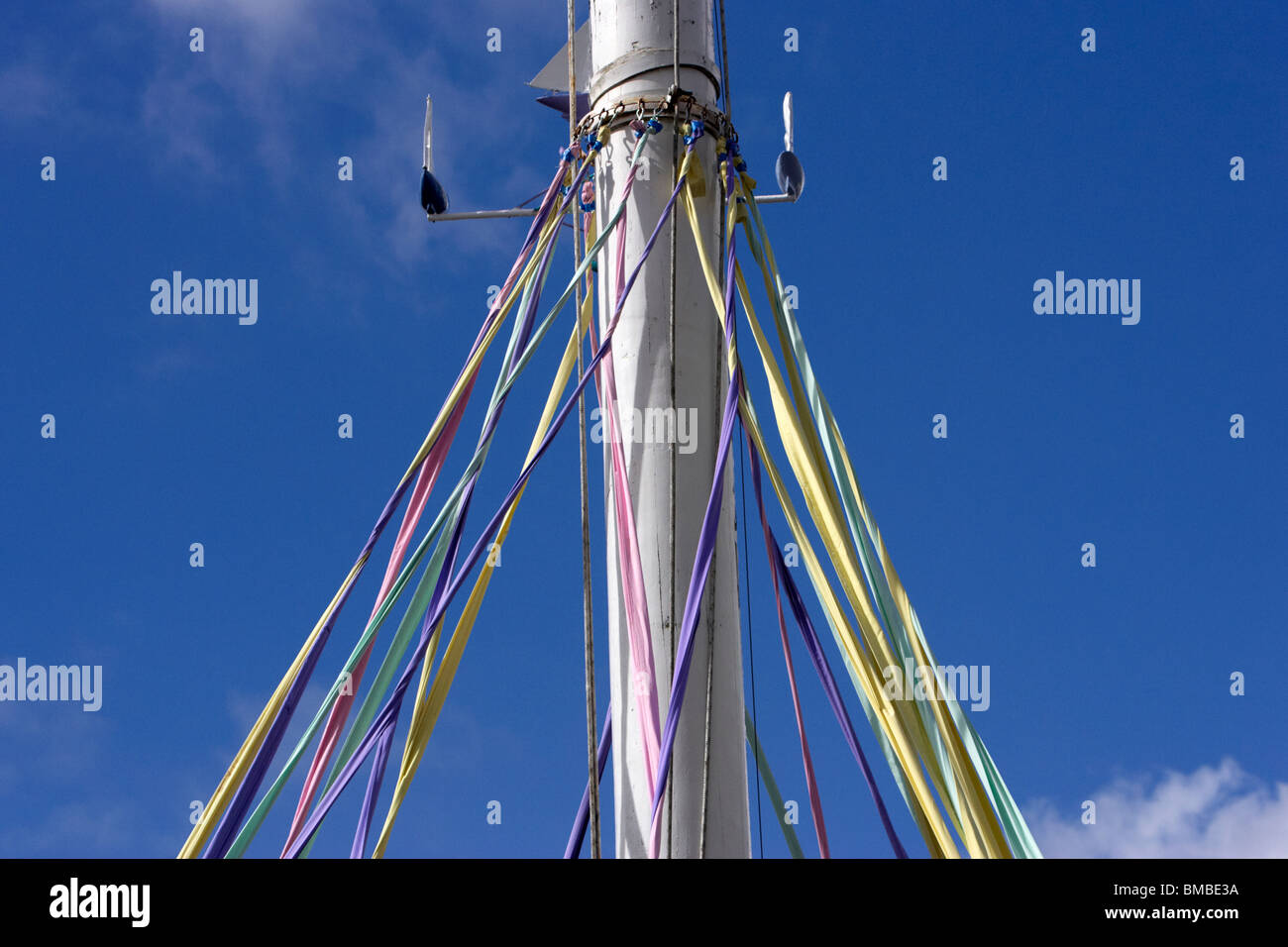 ribbons attached to the holywood maypole on may day in holywood county down northern ireland uk Stock Photo