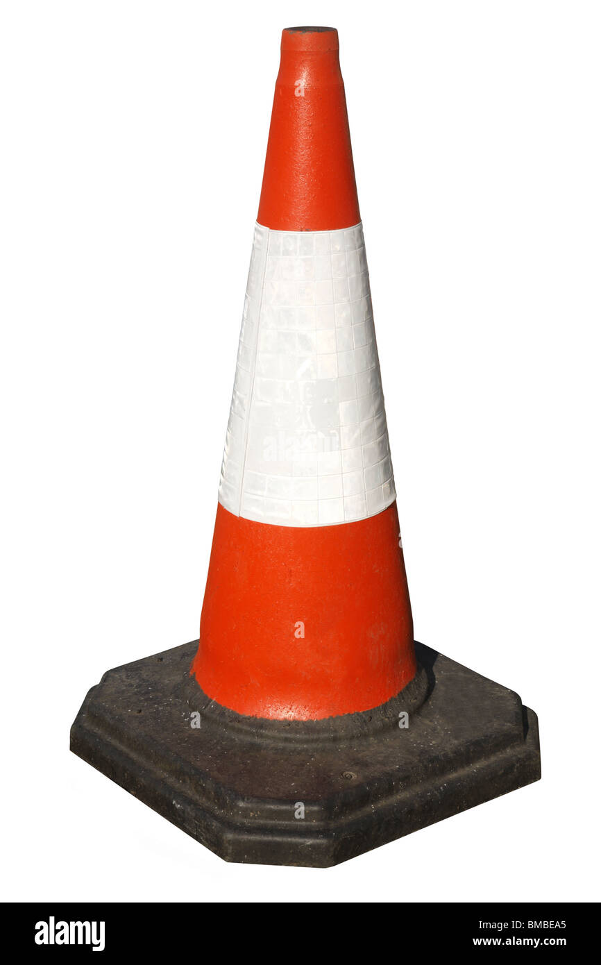 British traffic road works cone isolated on white. Stock Photo