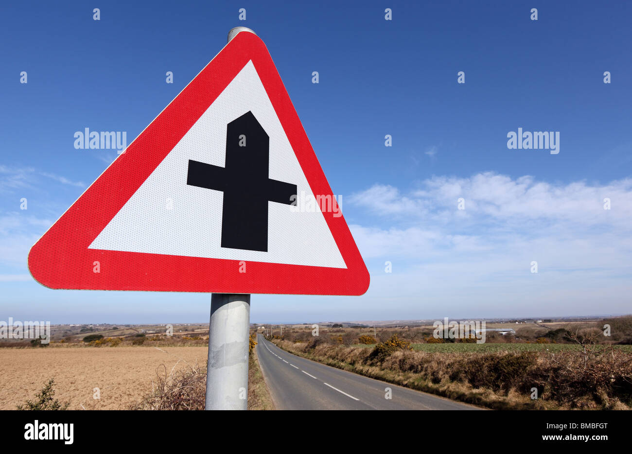 British crossroads ahead road sign warning. Stock Photo