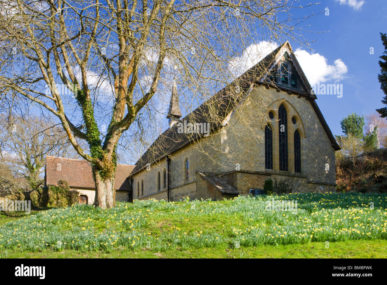 Peaslake church in spring, Surrey, UK Stock Photo