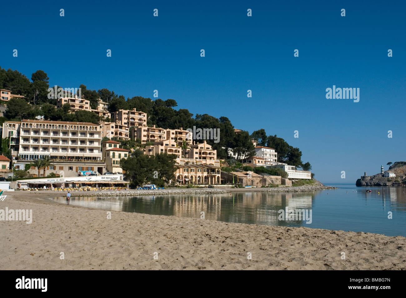 Entry of the Port of Soller, seen from the beach (Majorca - Balearic islands). L'entrée du port de Soller à Majorque (Espagne). Stock Photo