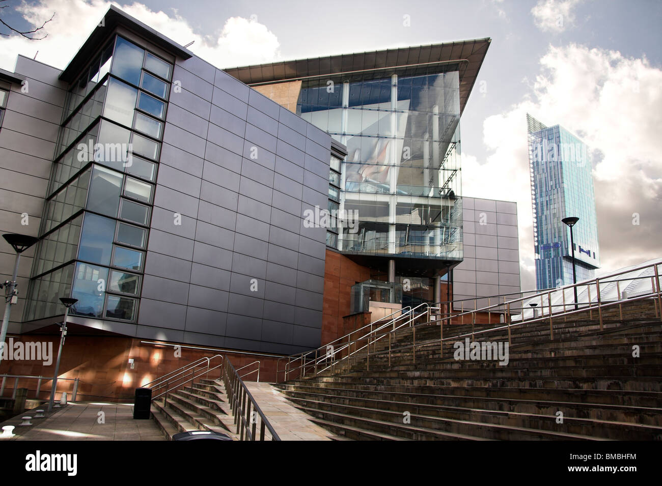 The Bridgewater Hall, Barbirolli Square, with the Hilton Hotel, Beetham Tower in the background, Manchester, UK Stock Photo