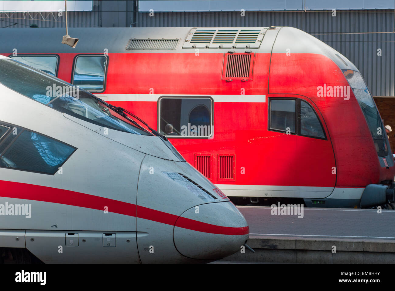 German trains at Munich railway station. Germany. Stock Photo
