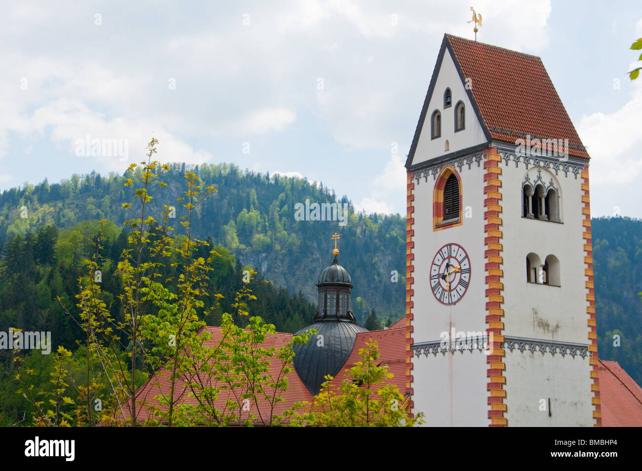 The Monastery of St Mang with clock tower in  Füssen, Bavaria, Germany Stock Photo