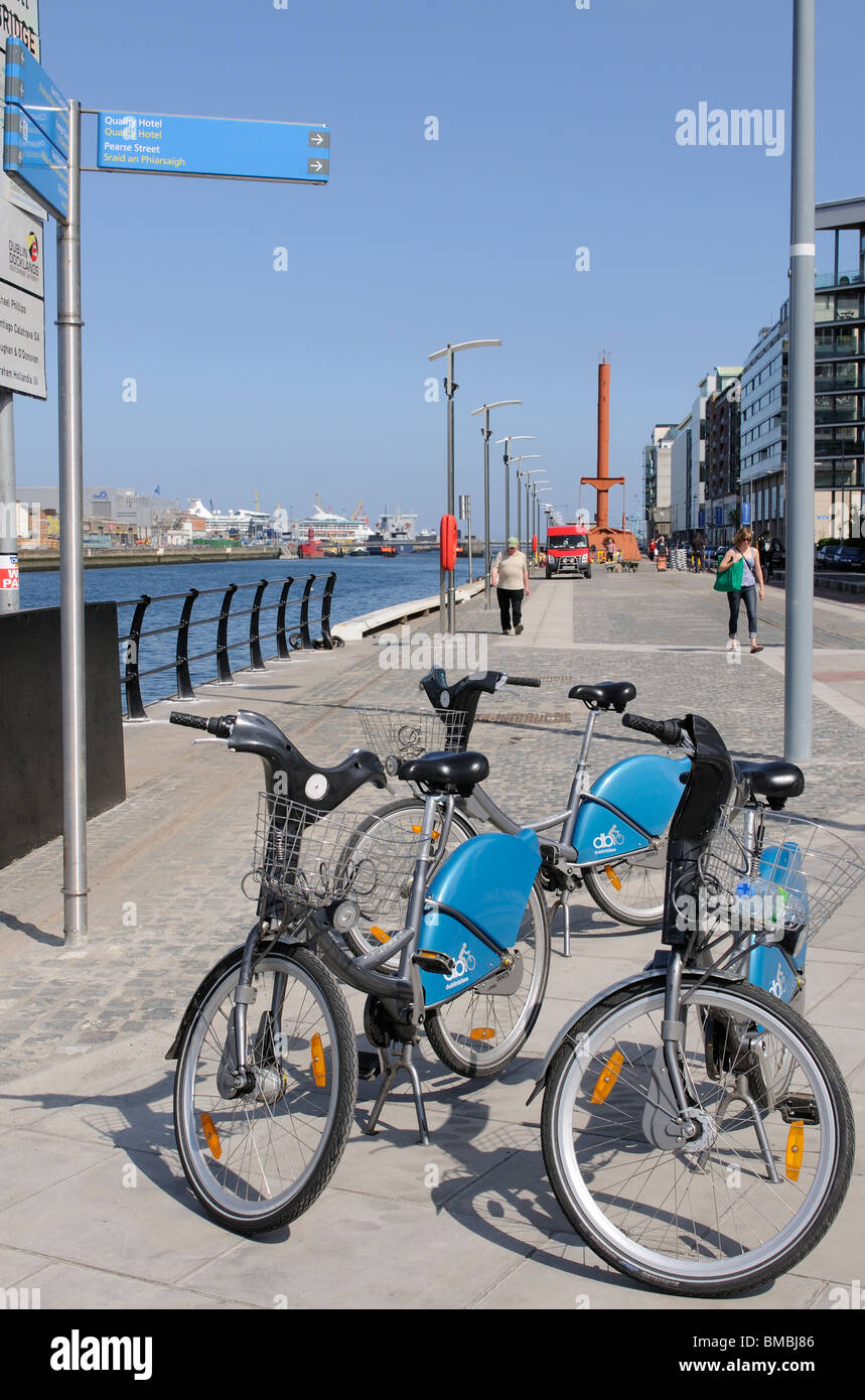 Dublin Bikes cycles for hire parked on Sir John Rogerson's Quay in the Docklands area of Dublin