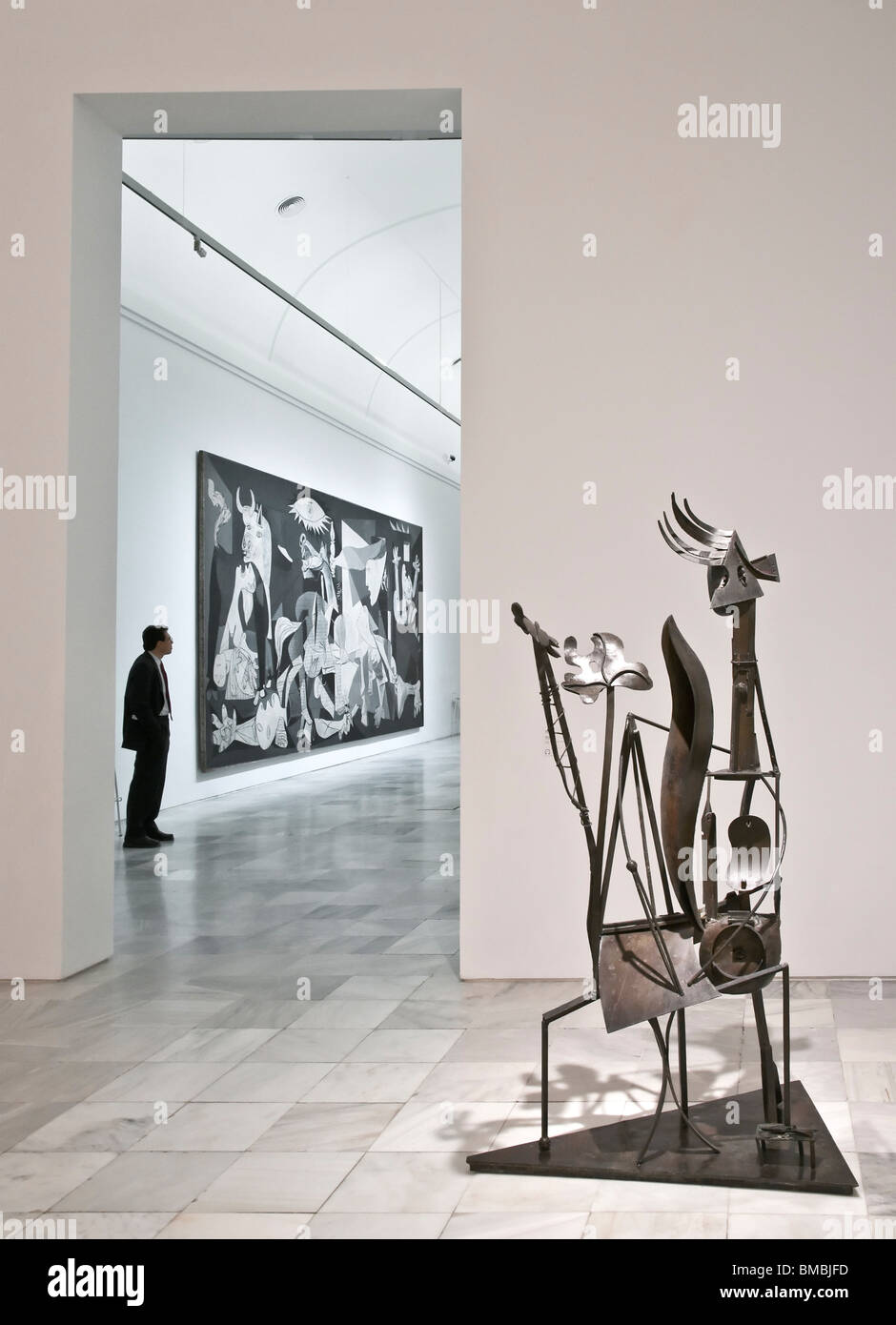 Works by Pablo Picasso, the sculpture 'woman in the garden' and 'Guernica'. in the Centro de Arte Reina Sofia, Madrid, Spain. Stock Photo
