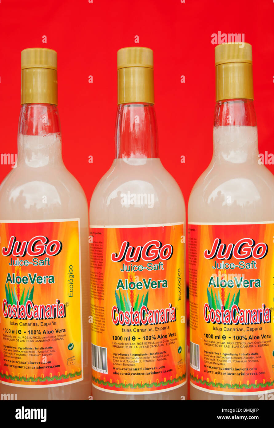 Bottles of Aloe Vera juice drink on Gran Canaria Stock Photo