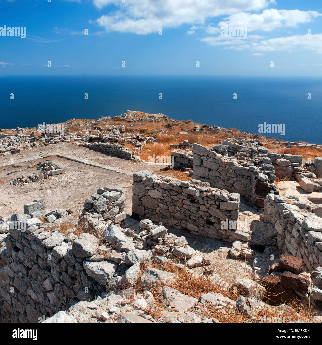 The ruins of the ancient city of Thera on top of Mount Mésa Vounó, Santorini Island, Greece. Stock Photo