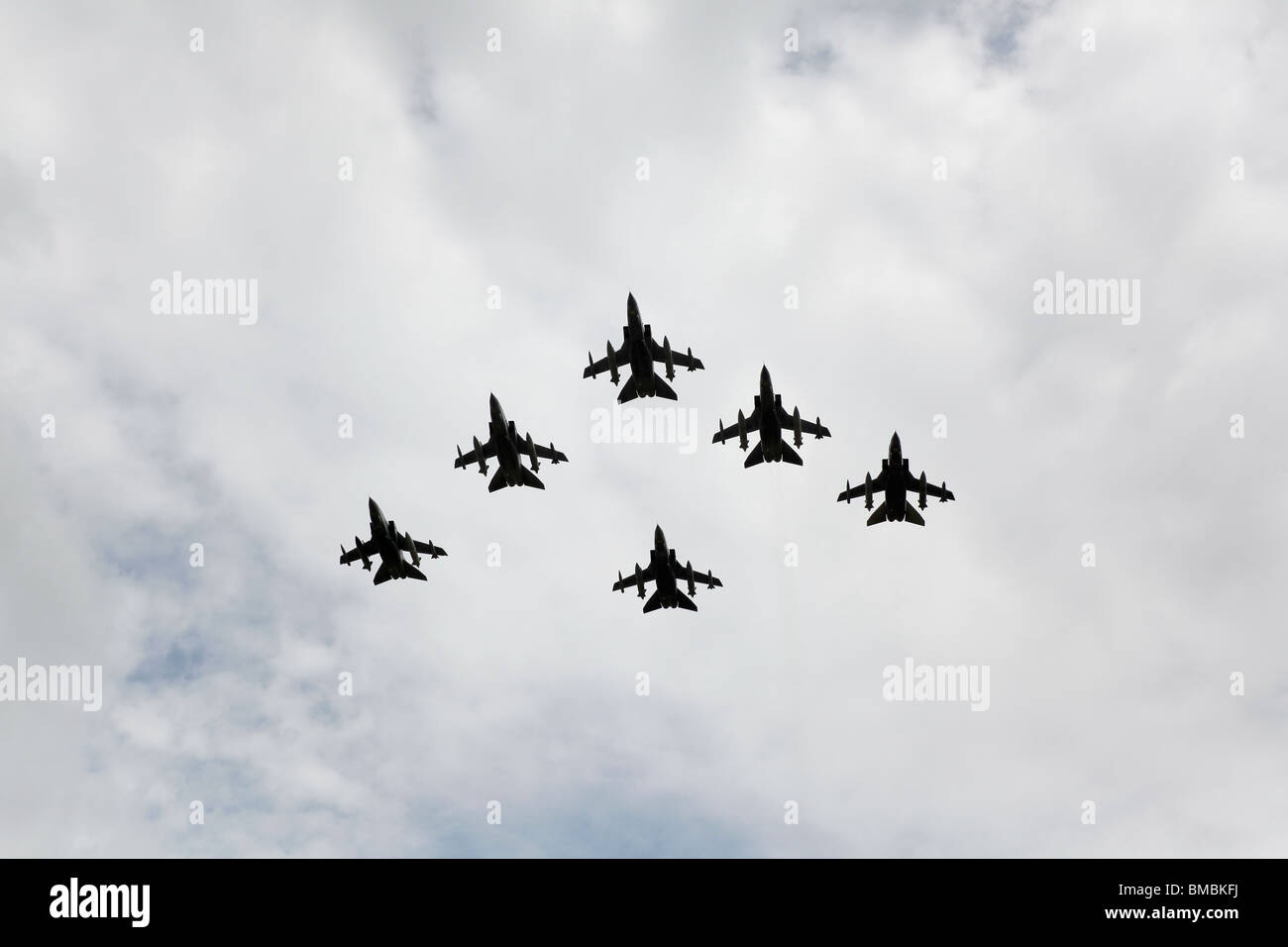 After arriving back in the UK six RAF Tornados fly towards the lens in formation. Stock Photo