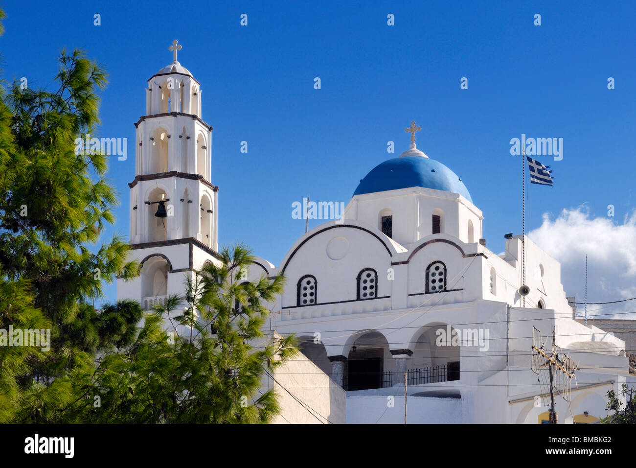 The church of Agios Nikolaos in the town of Pyrgos (Pirgos) on Santorini Island, Greece. Stock Photo