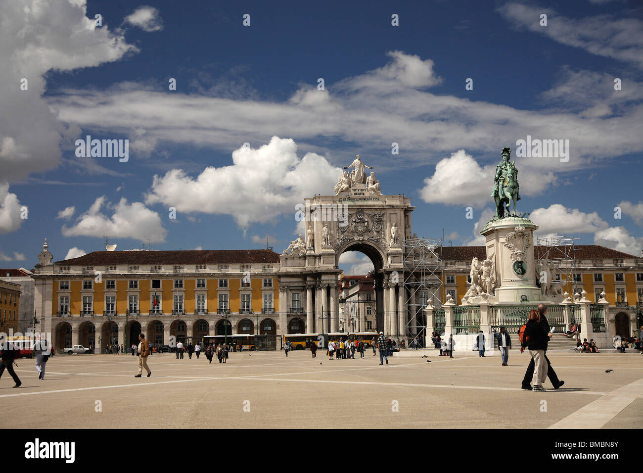 Equestrian statue of King Jose I and triumphal arch on Commerce Square Praca do Comercio or Terreiro do Paco in Lisbon, Portugal Stock Photo