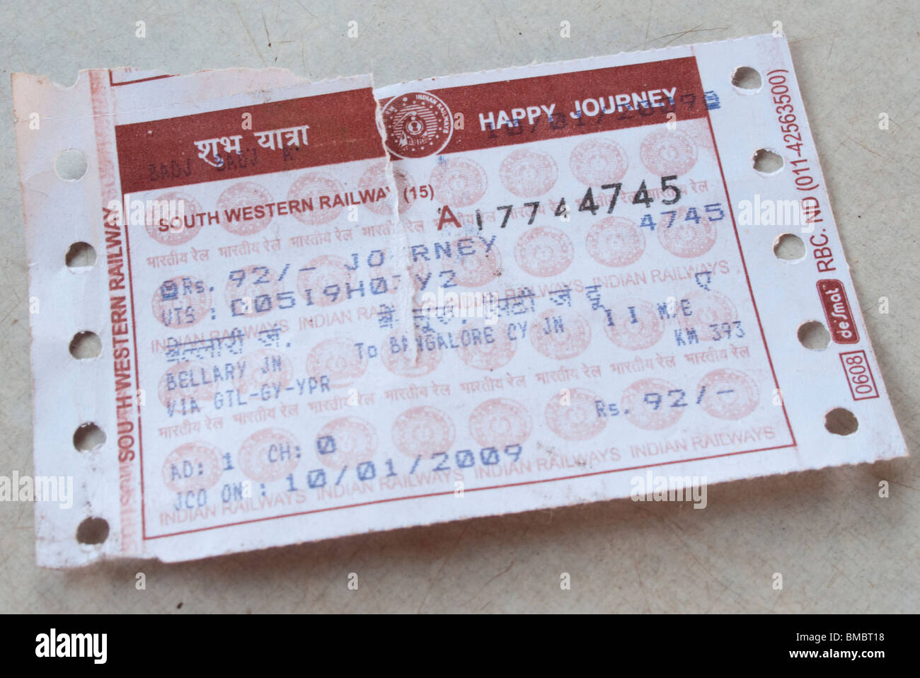 A train ticket for an Indian train Stock Photo Alamy
