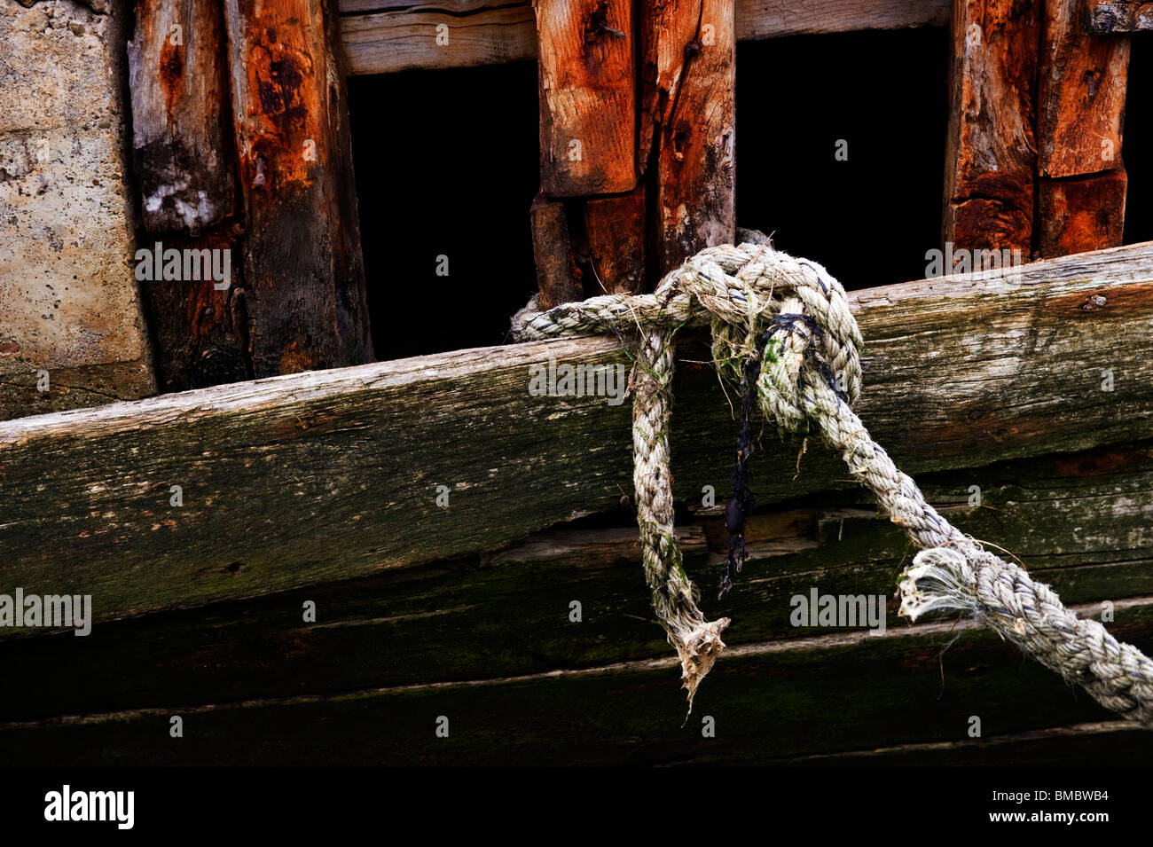 a tied knotted rope on weathered timbers of a fishing boat at Mersea Island Essex UK Stock Photo