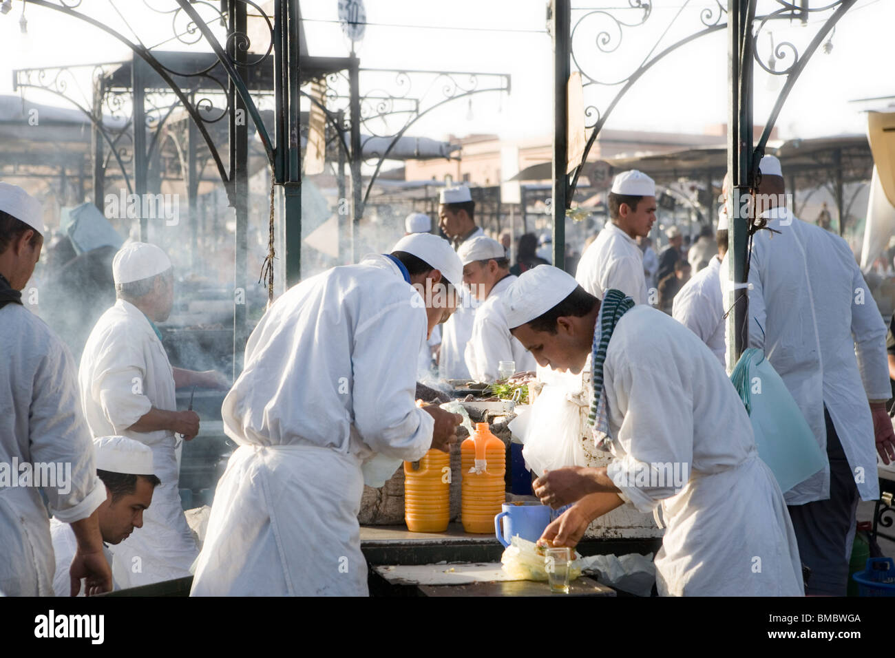 Food market caterers , Djemaa el Fna , Marrakesh , Morocco , North Africa Stock Photo