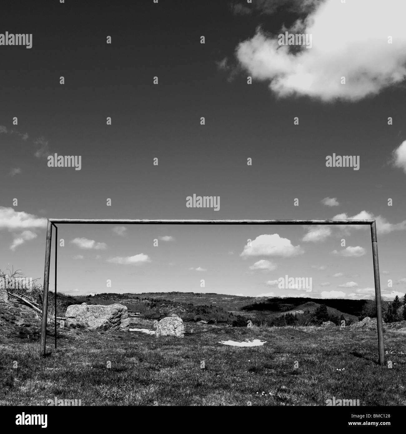 Goal of soccer abandoned in the countryside. Stock Photo