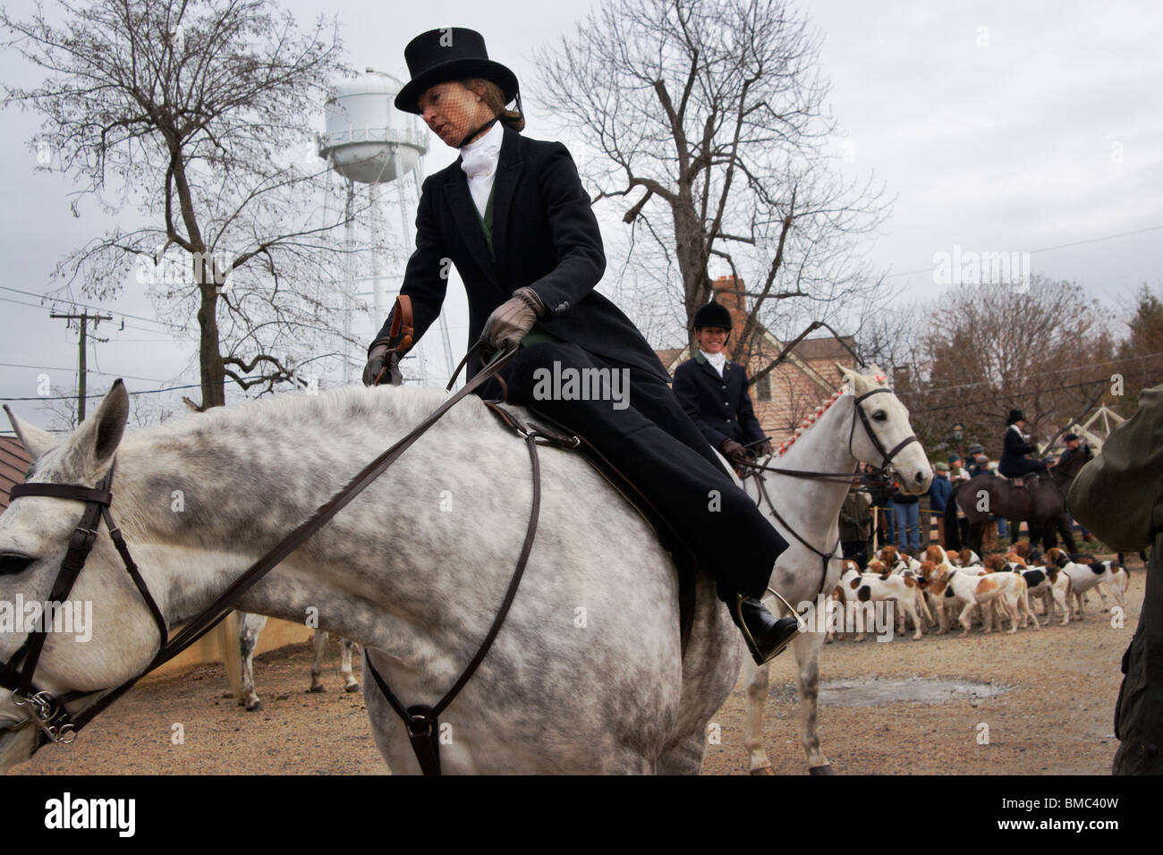 A female equestrian riding sidesaddle at the Middleburg Hunt Parade
