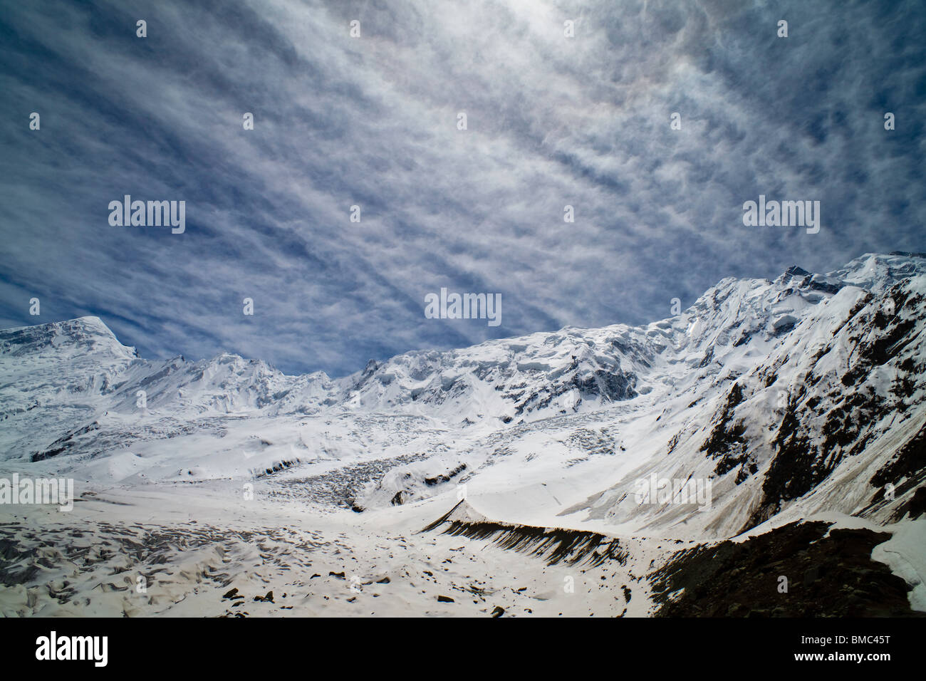 The Summits of Diran Peak and Rakaposhi from Rakaposhi Base Camp, Hunza, Pakistan Stock Photo