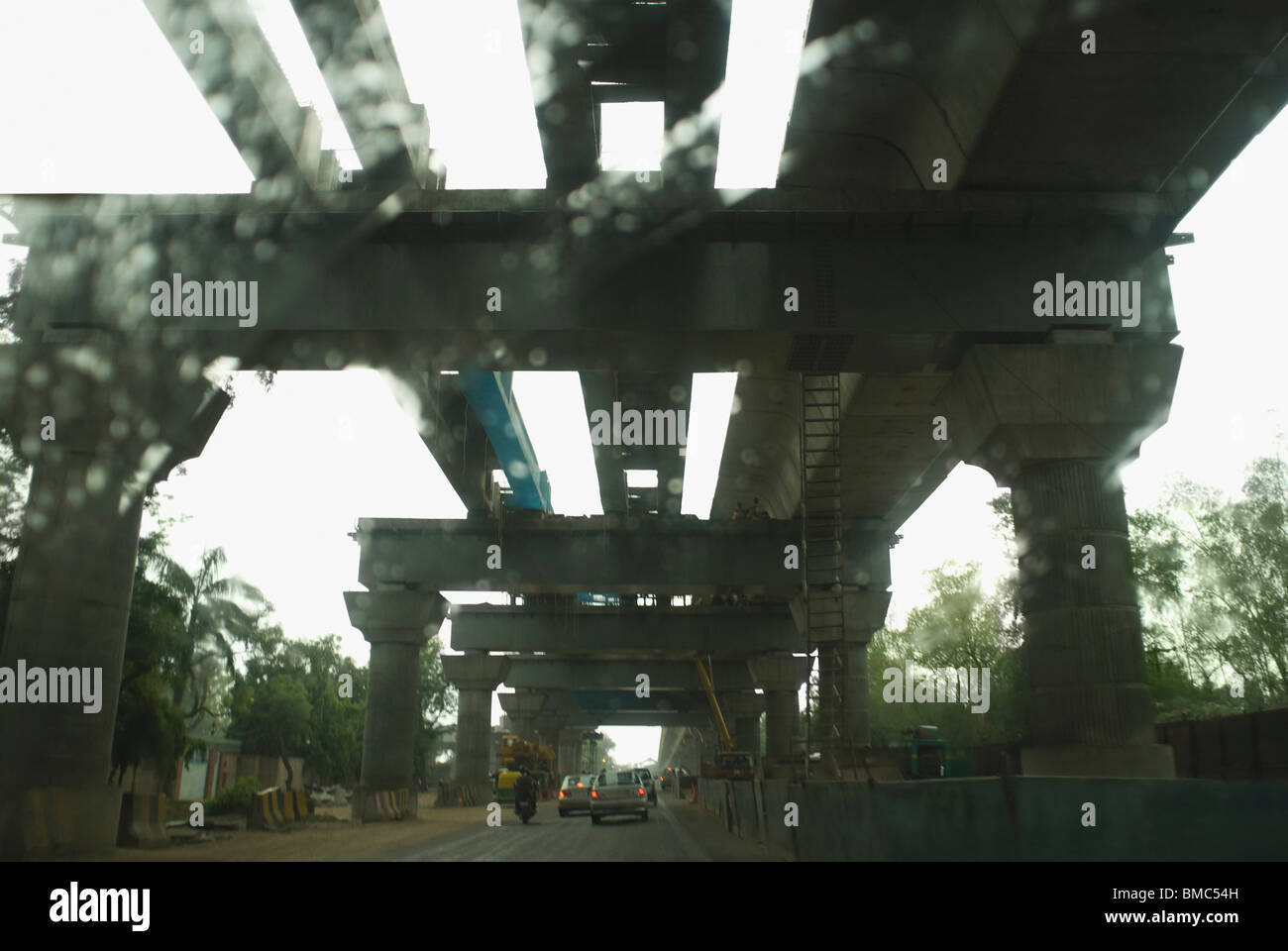 Construction of an elevated railway track for Delhi Metro, Delhi, India