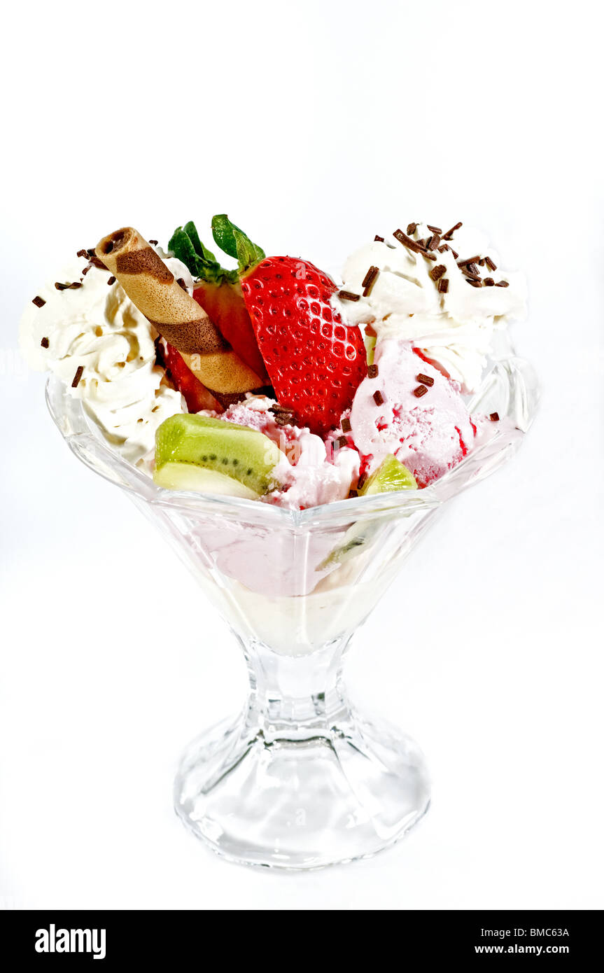 ace cream with fresh strawberry and kiwi Stock Photo