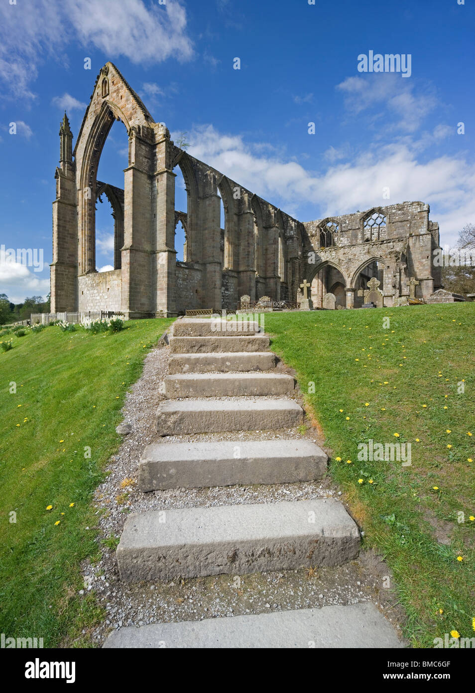 Steps leading to the ruins of Bolton Abbey, an Augustinian Priory, near Skipton, Wharfedale, Yorkshire Dales, UK Stock Photo