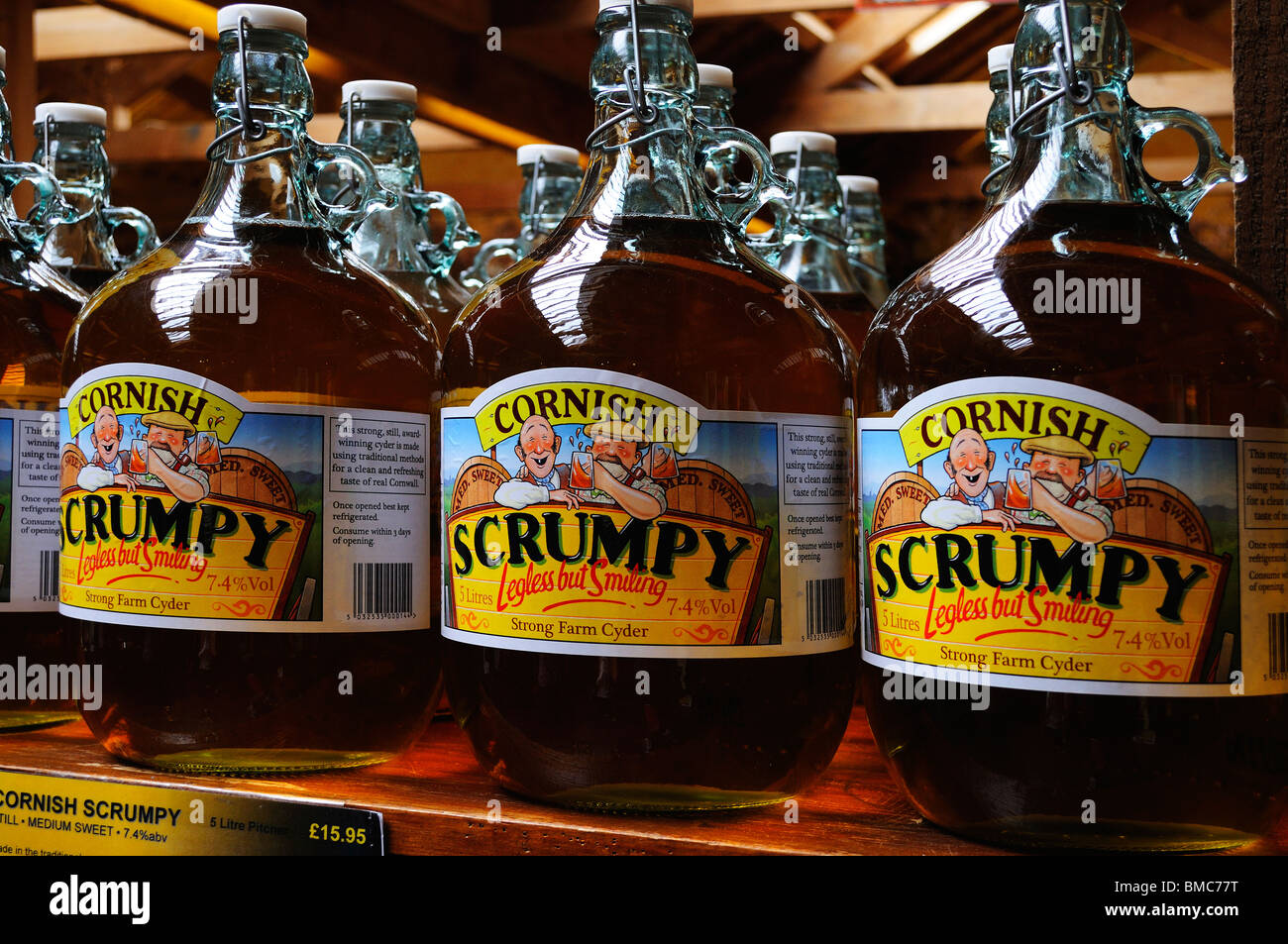 flagons of cornish scrumpy cider in a farm shop near truro,cornwall,uk