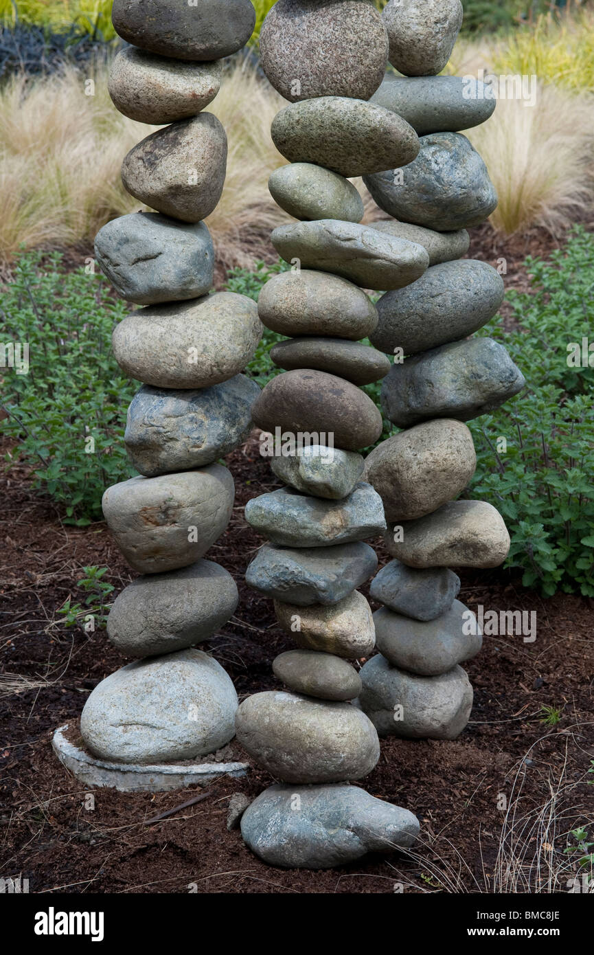 Bellevue Botanical Garden with stacked rocks in rock garden Bellevue Washington State USA Stock Photo