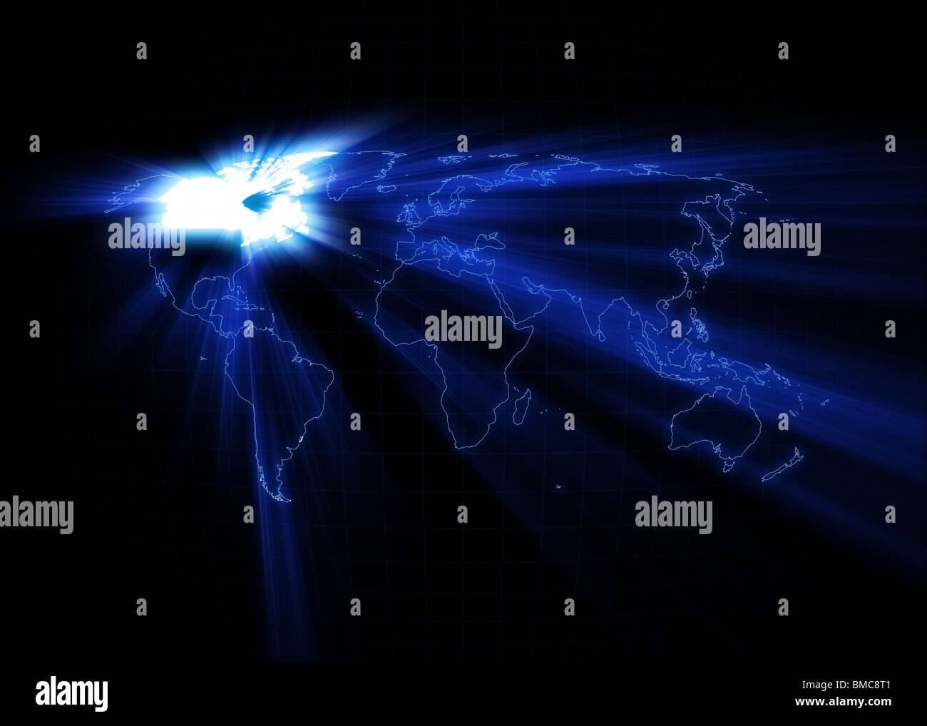 World map with the Canada glowing with black background. Stock Photo