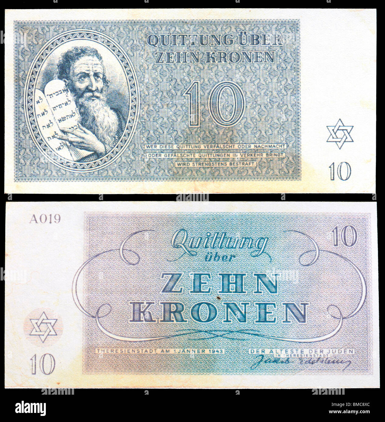 Money from the Teresienstadt Ghetto (1943) issued by Nazis. Moses holding the Ten Commandments. Zehn Kronen / Ten Crowns Stock Photo
