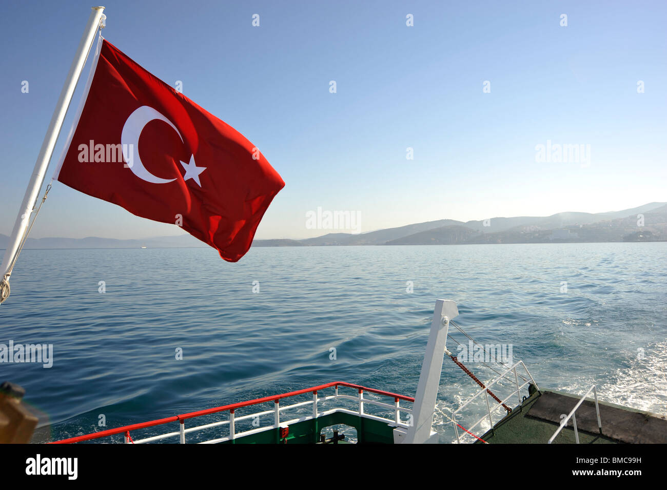 Turkish flag on a ferry. Stock Photo
