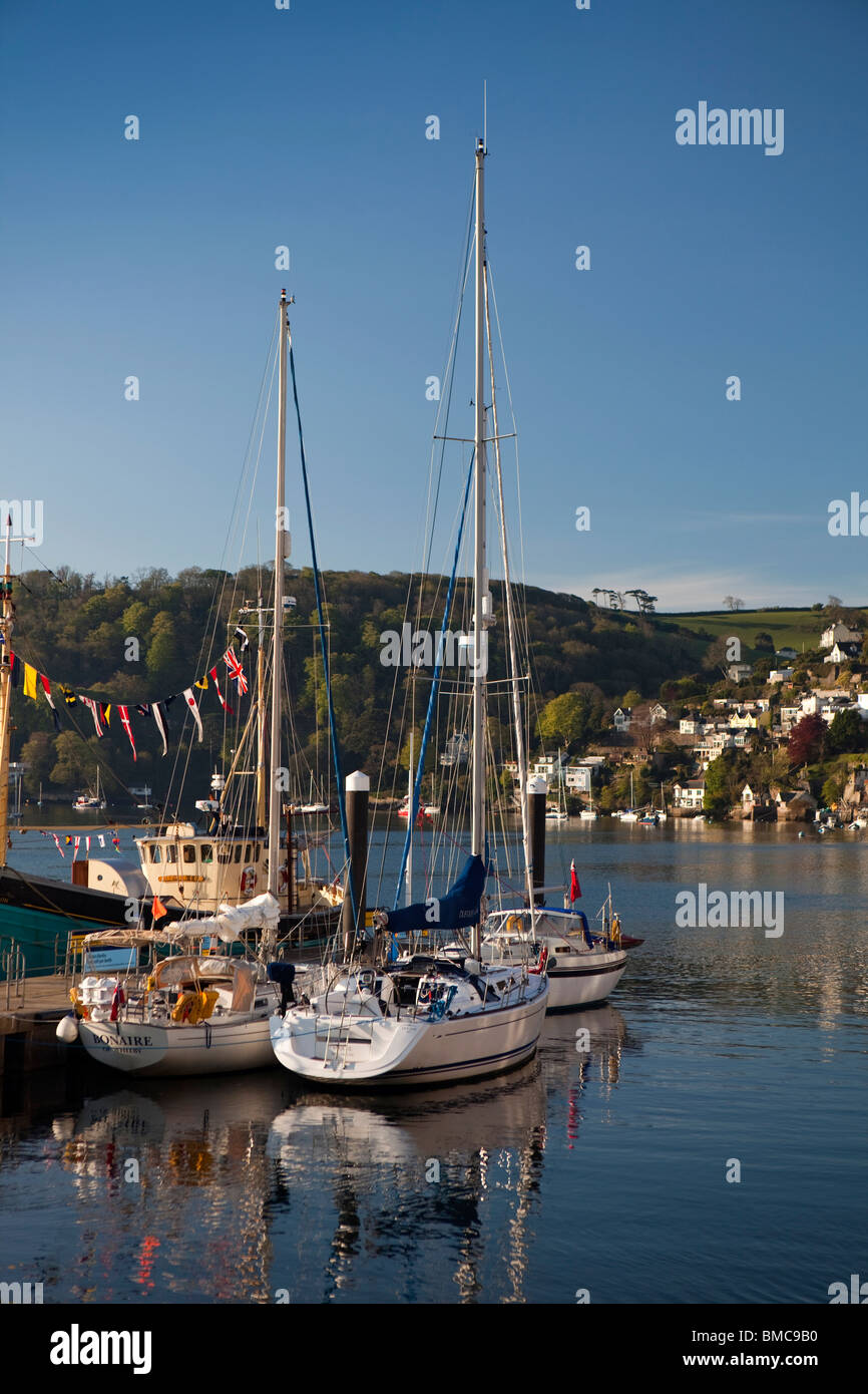 UK, England, Devon, Dartmouth, South Embankment, sailing boats moored at main pier in early morning Stock Photo