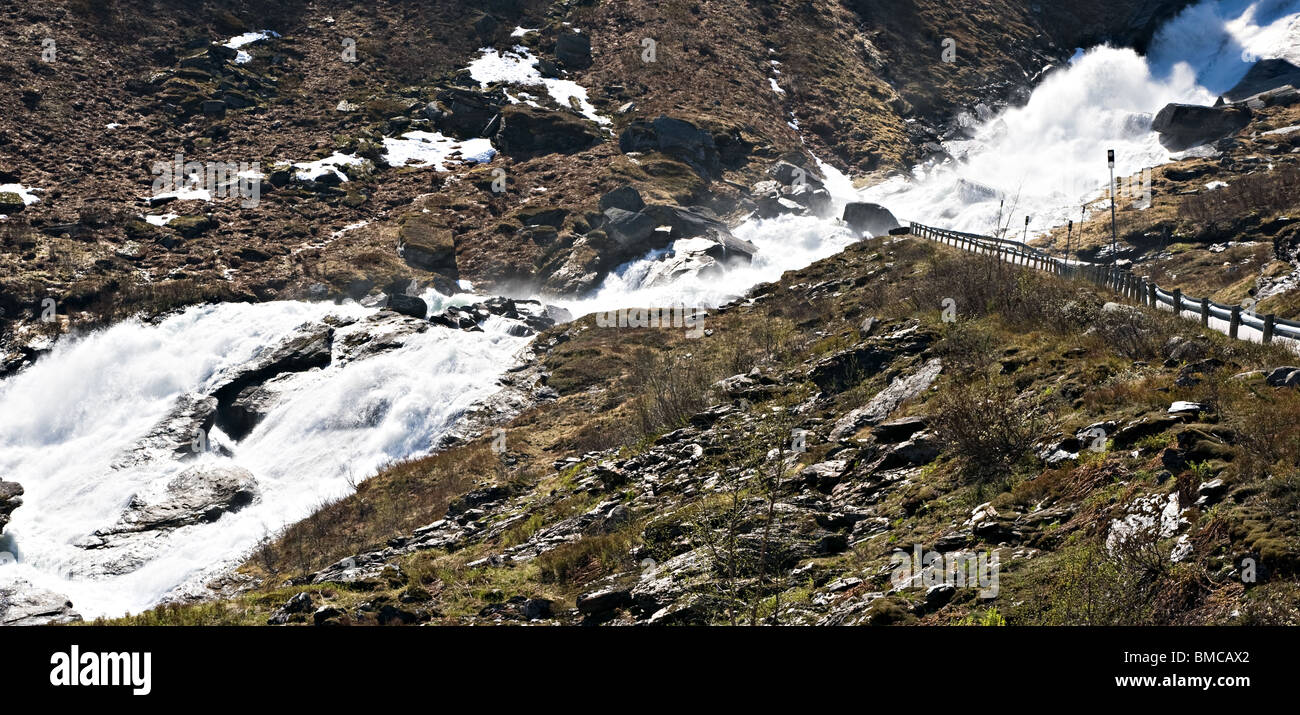 Fast Flowing Waterfall Cascading Towards the Holo Valley in Sogn Norway Stock Photo