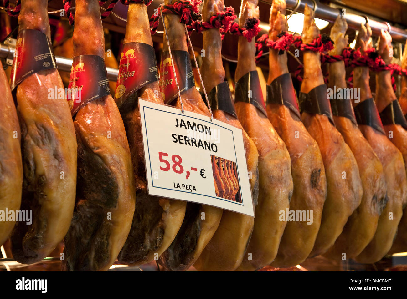 Jamon serrano (Spanish ham). La Boqueria market. Barcelona. Spain Stock