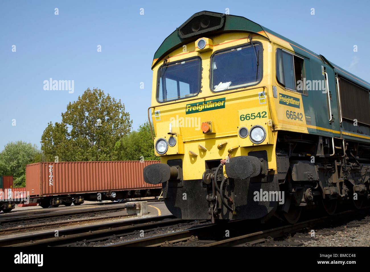 Freightliner train engine, Rail freight terminal, Port of Felixstowe, Suffolk Stock Photo