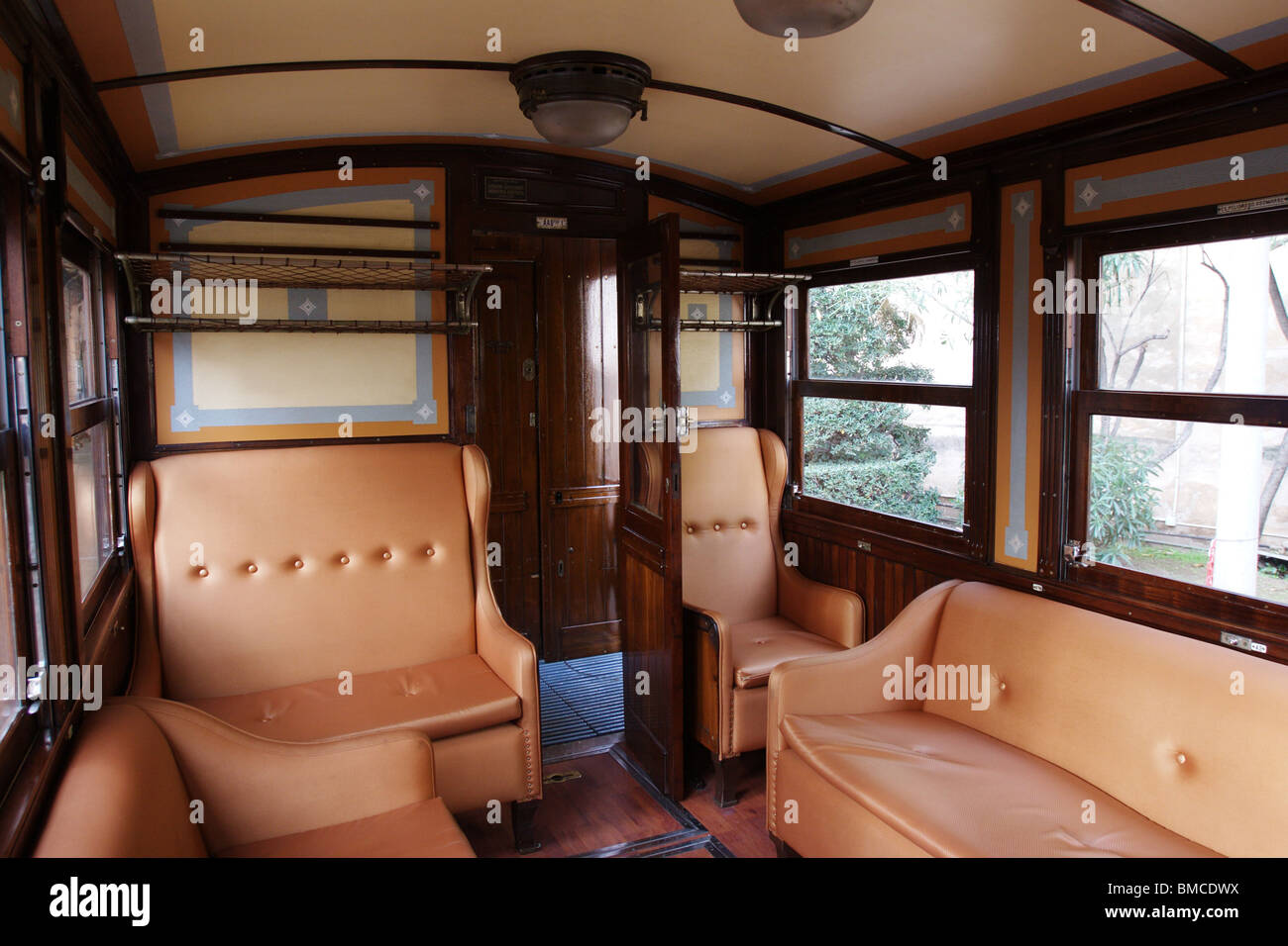 Scene inside a charming old train in Majorca Soller. Stock Photo