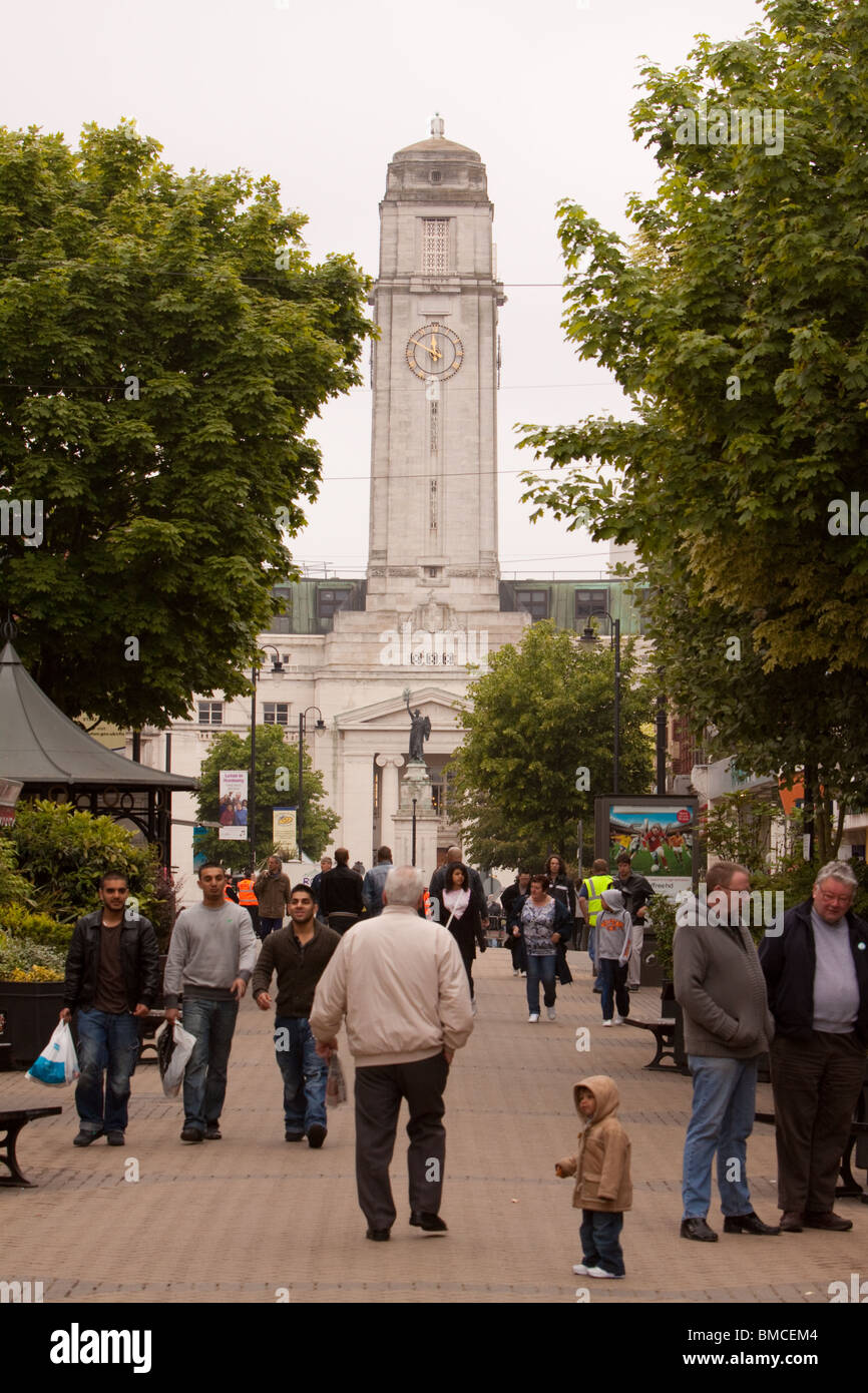 View of Luton Town Hall through trees from George Street Stock Photo