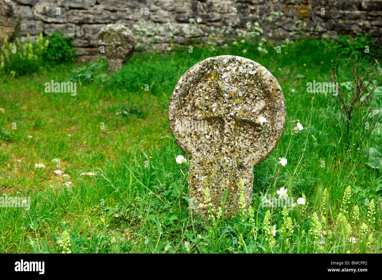 Hilarri, medieval disk-shaped funerary steles, La Couvertoirade, Aveyron, France Stock Photo