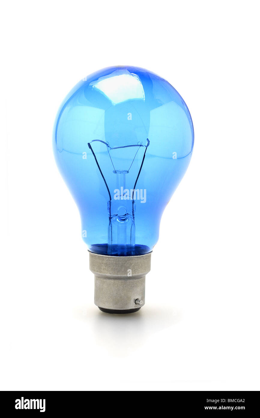 Bright blue tungsten light bulb standing on white background Stock Photo