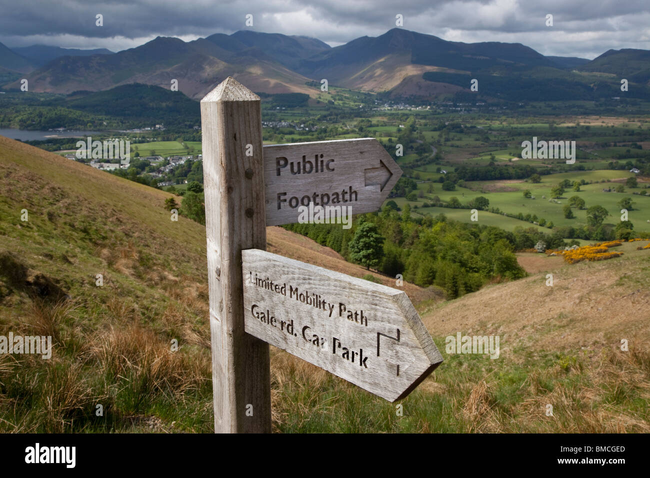 A finger sign post on Latrigg Fell, Cumbria with a view of the North Lake District in the background, Cumbria, England UK. Stock Photo