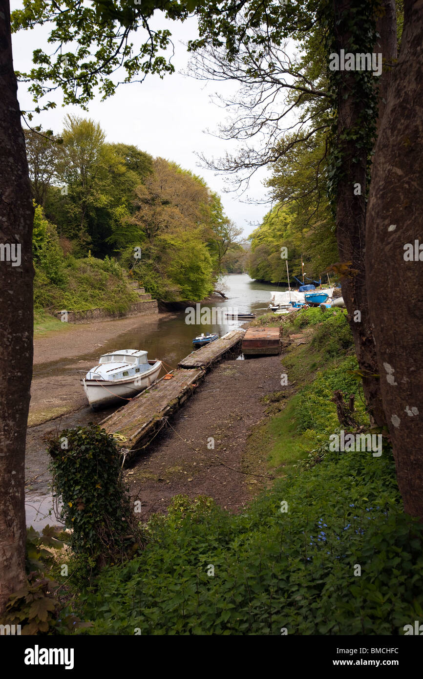UK, England, Devon, Dartmouth, boats moored in Old Mill Creek Stock Photo
