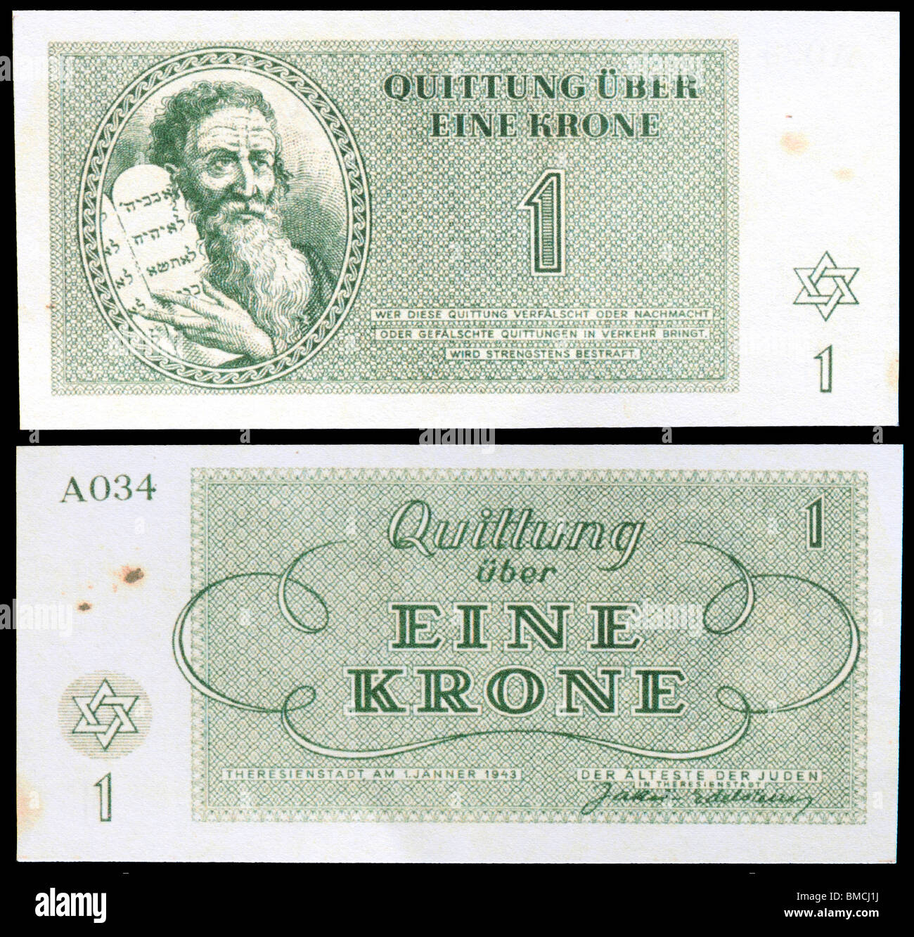 Money from the Teresienstadt Ghetto (1943) issued by Nazis. Moses holding the Ten Commandments. Eine Krone / One Crown Stock Photo