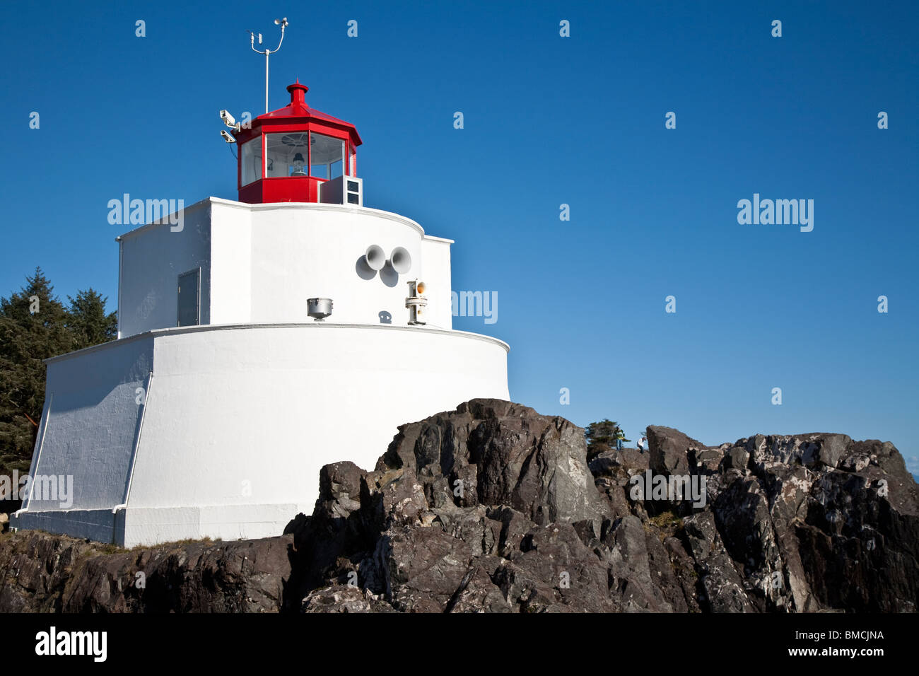 Amphitrite Point Lighthouse, Ucluelet, Vancouver Island, British Columbia, Canada Stock Photo