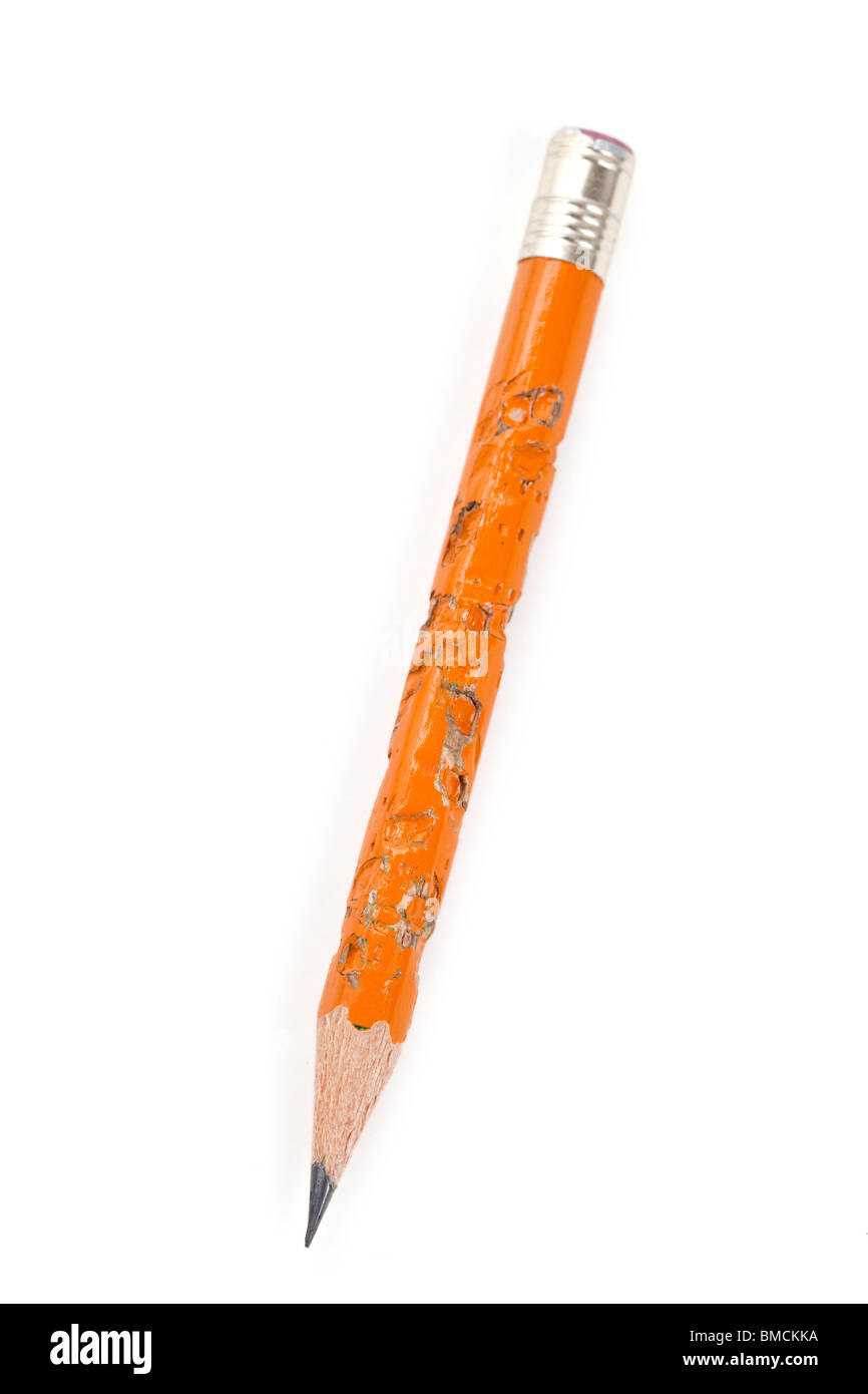 Biting Pencil with white background Stock Photo