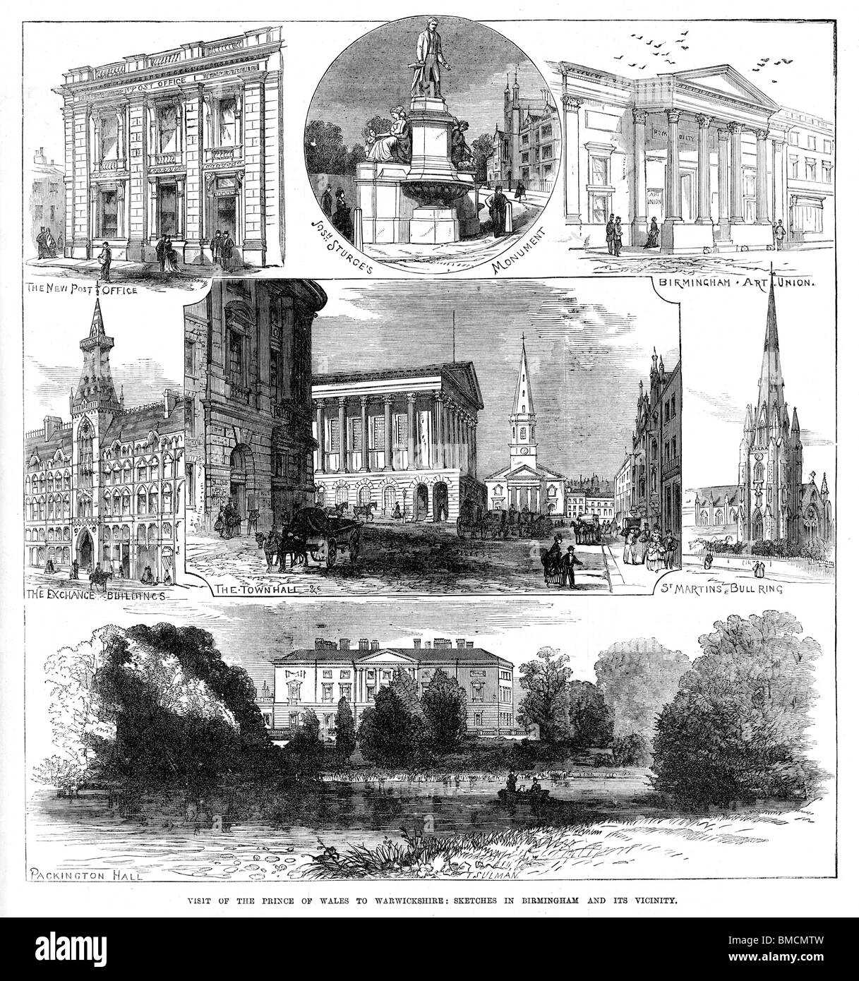 Birmingham and Vicinity, 1874 engraving of scenes in Englands Second City to celebrate the visit of the Prince of Wales Stock Photo