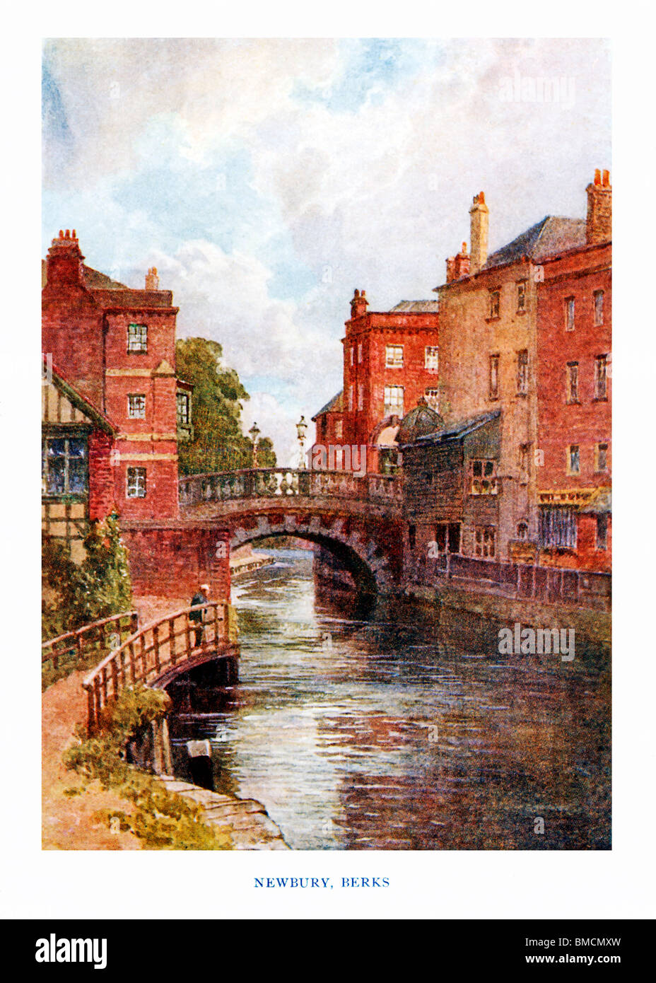Newbury, Berks, 1920 watercolour by Sutton Palmer of the bridge over the River Kennet in the West Berkshire town Stock Photo