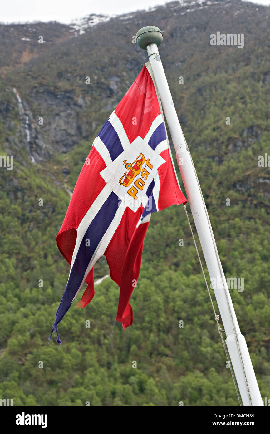 Norwegian Post Flag on Stern of Ferry Boat in Fjaerlandsfjord Sogn