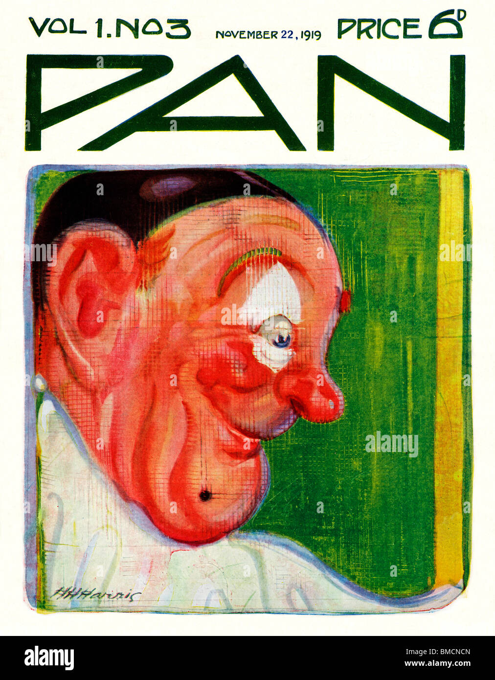 Pan, 22 November 1919, art deco cover of the English literary magazine, a clown smiles down Stock Photo