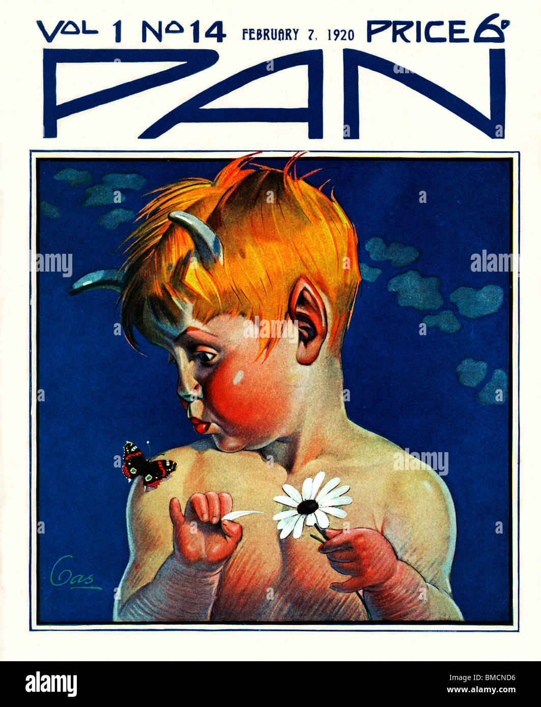 Pan, 7 February 1920, art deco cover of the English literary magazine, the Greek god of nature with a butterfly and flower Stock Photo