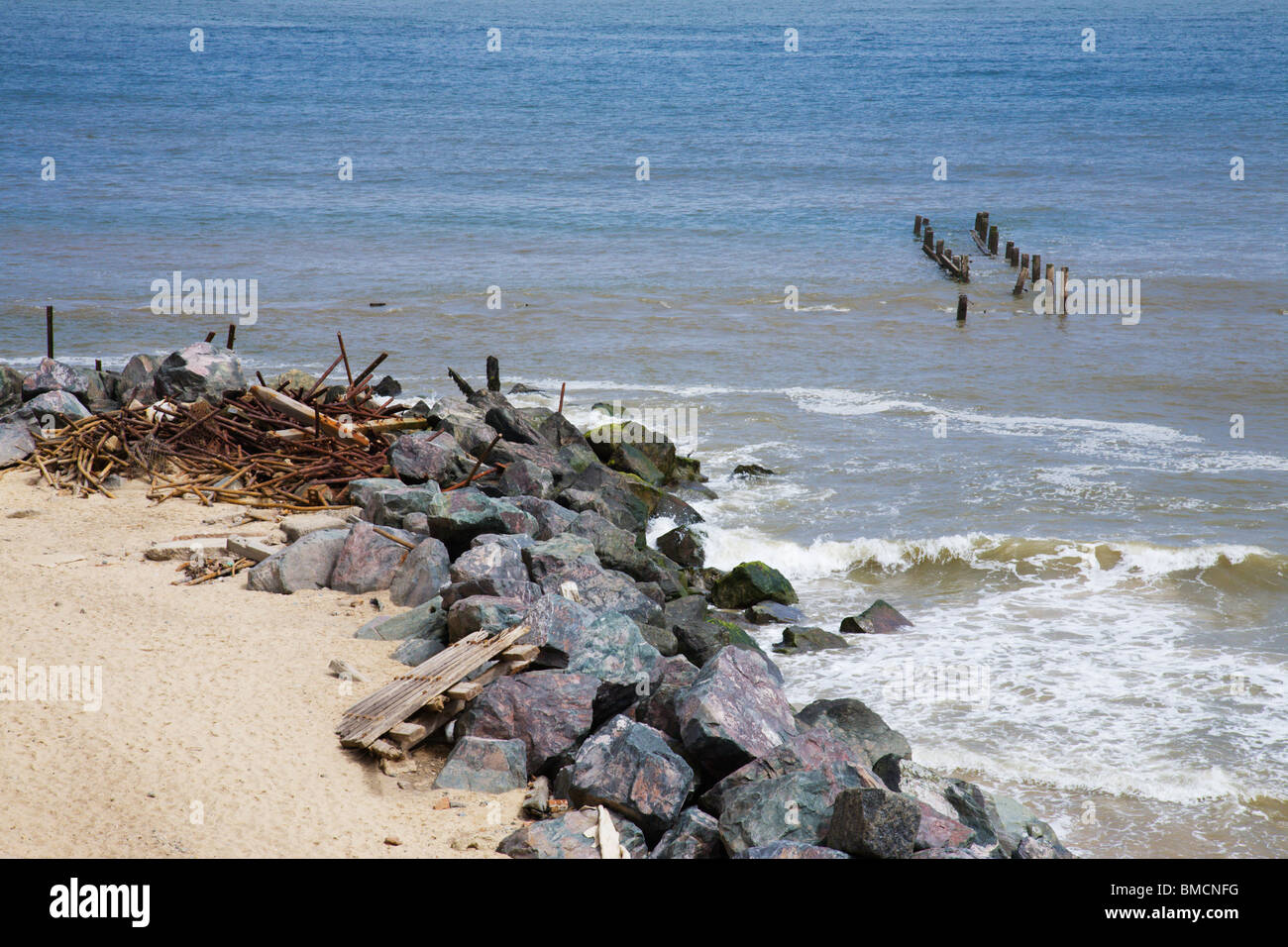 Sea defenses along Happisburgh beach, Norfolk, England. Stock Photo