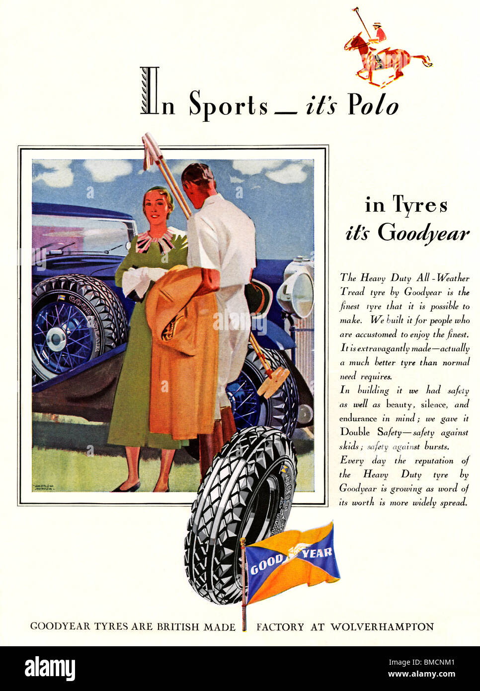 Goodyear Tyres, Polo, 1934 English advert for the American car tyres an upmarket equestrian sporting theme Stock Photo